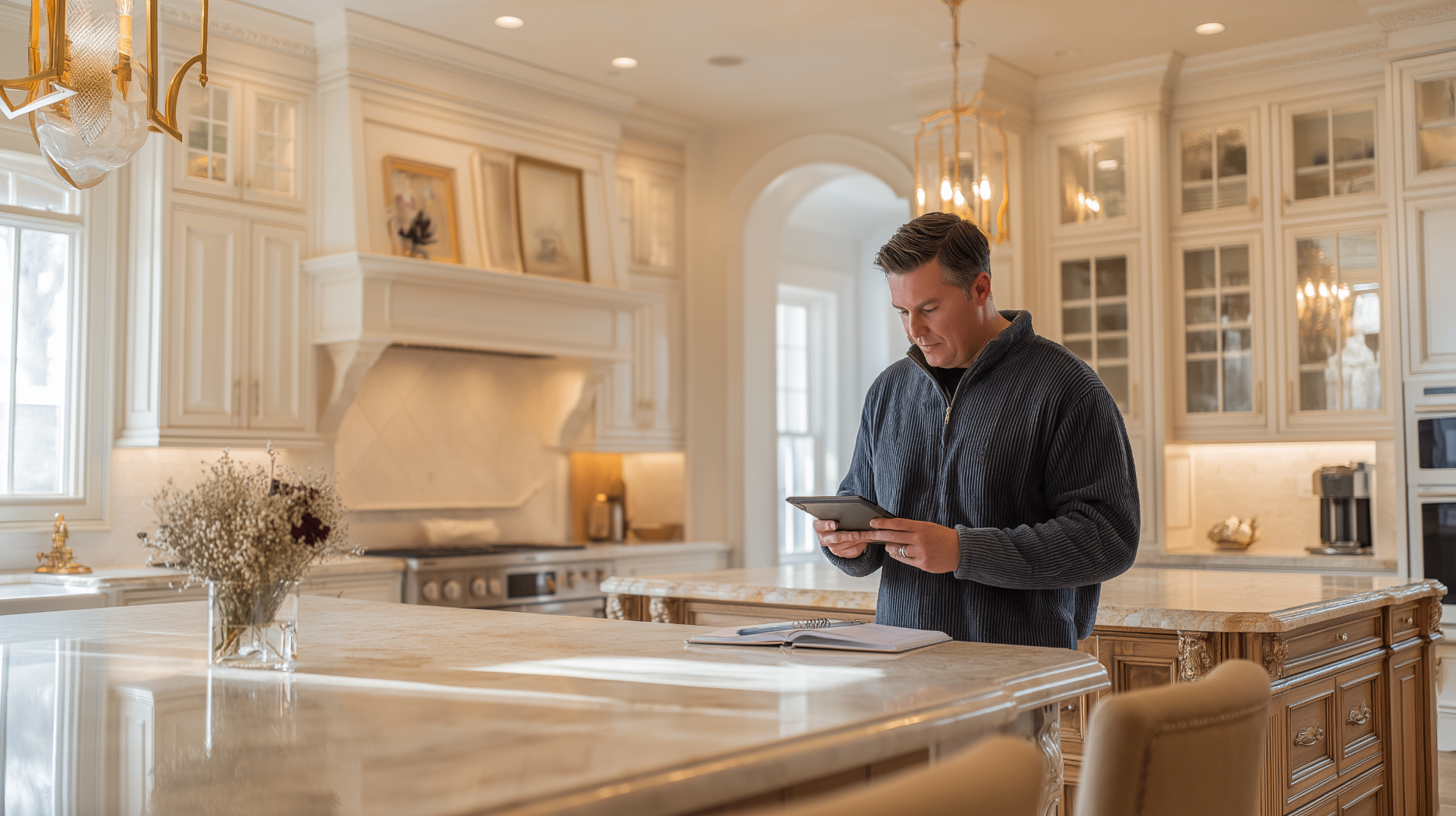 Successful contractor standing inside a completed luxury home while reviewing project information on a tablet