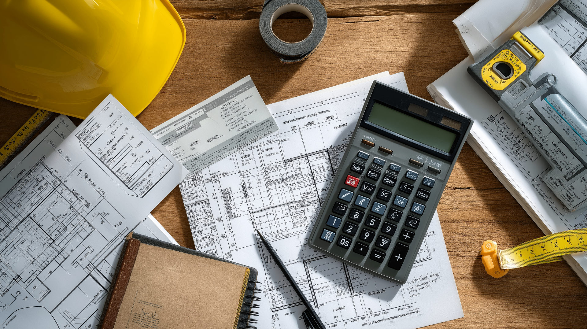 Overhead view of construction job costing analysis with blueprints, calculator, tape measure, and hard hat