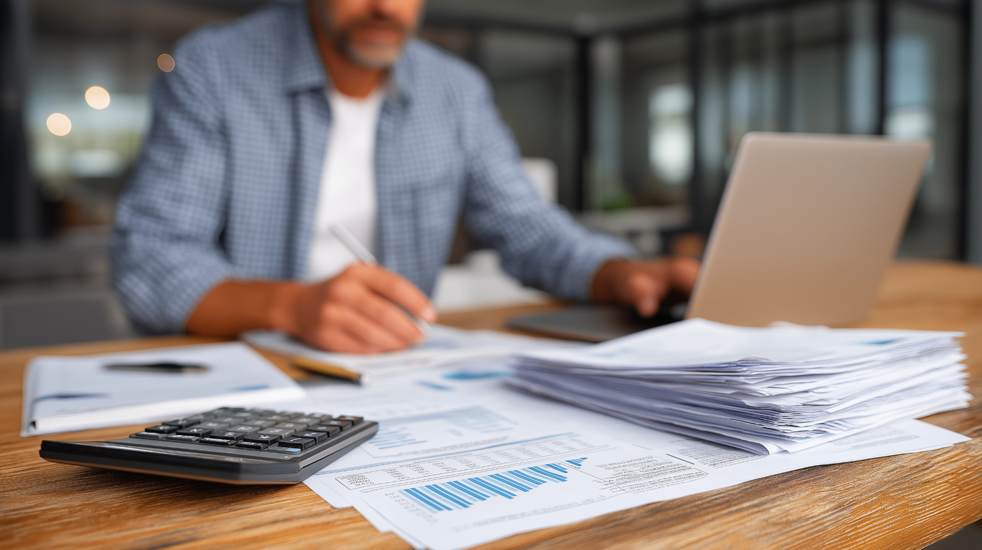 Construction business owner reviewing monthly financial paperwork with calculator and laptop