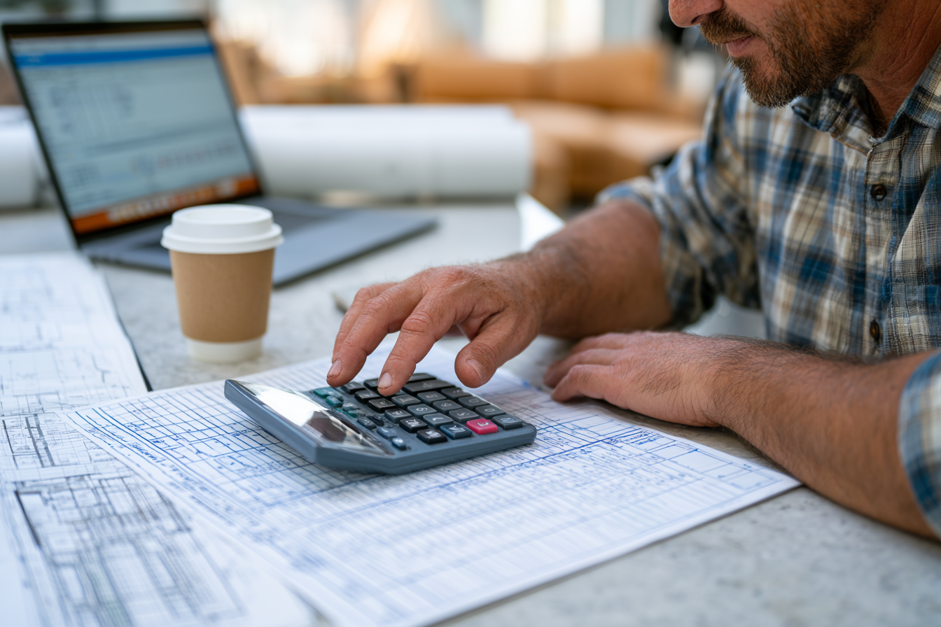 Construction company owner using a calculator on top of blueprints with laptop and coffee