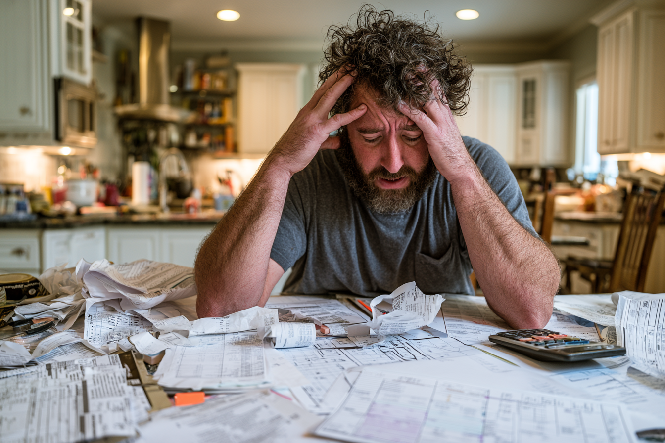 Frustrated contractor at kitchen table surrounded by crumpled receipts and invoices