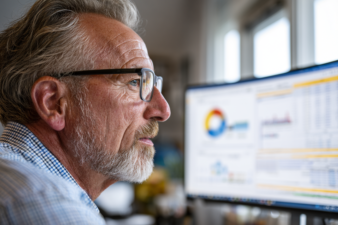 Contractor reviewing construction financial dashboard with charts and job cost data