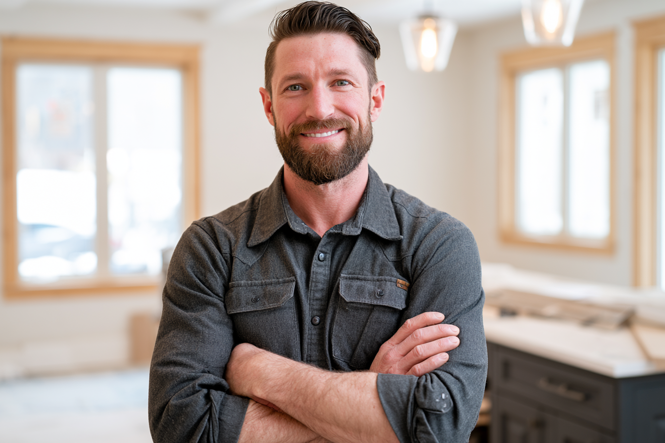 Confident contractor standing inside a completed luxury home build