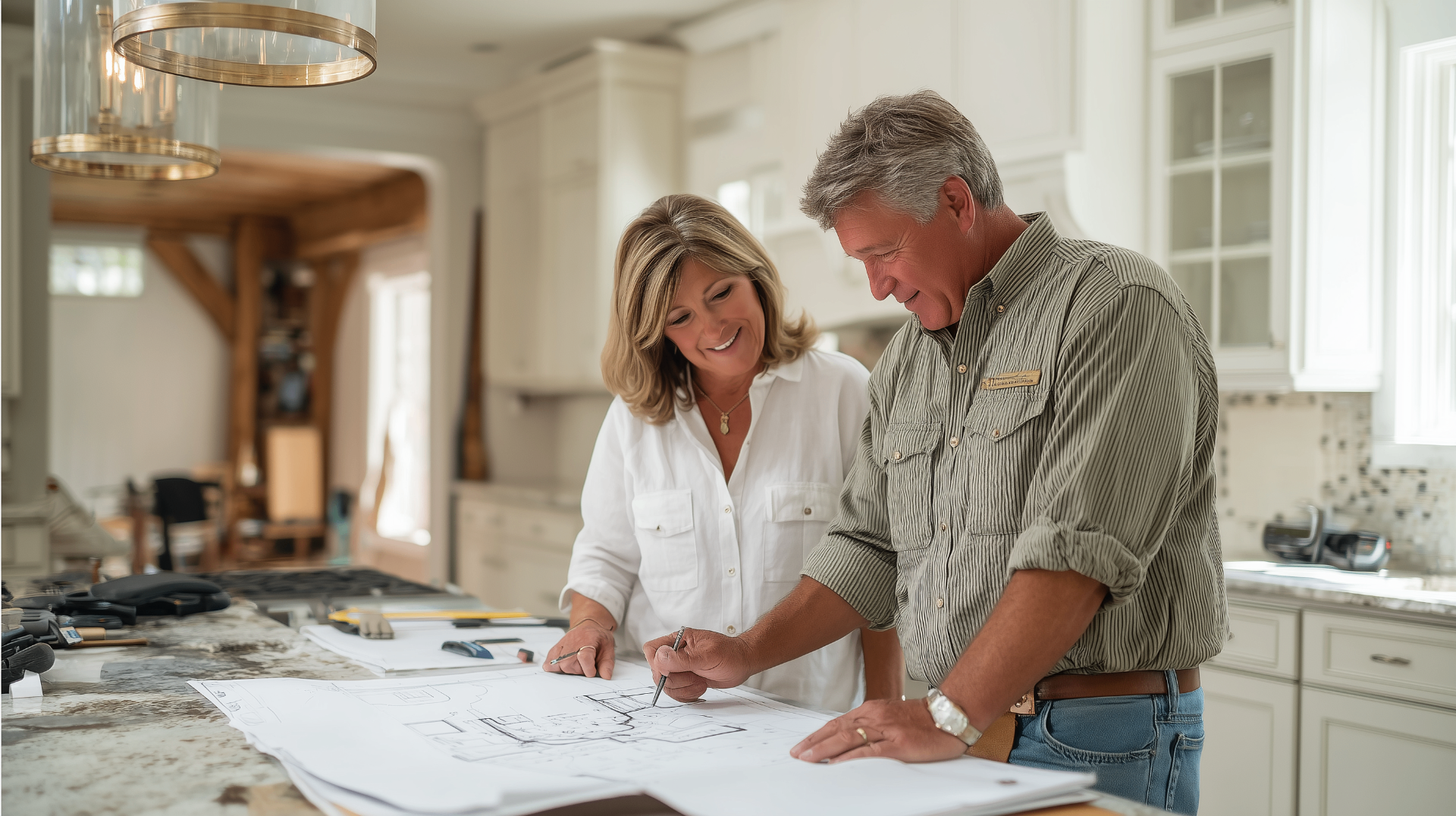 Contractor and homeowner reviewing kitchen remodel plans together in a bright finished space