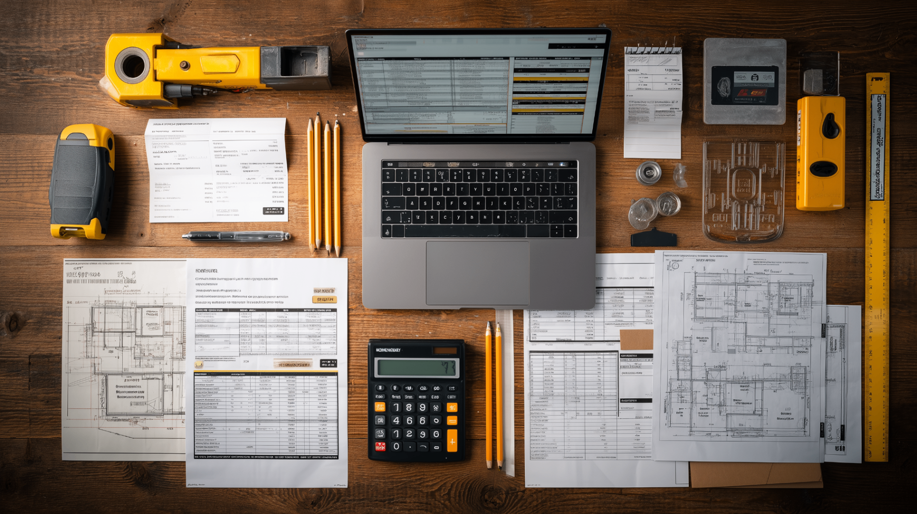 Construction bookkeeping materials, plans, calculator, and laptop laid out on a wood desk