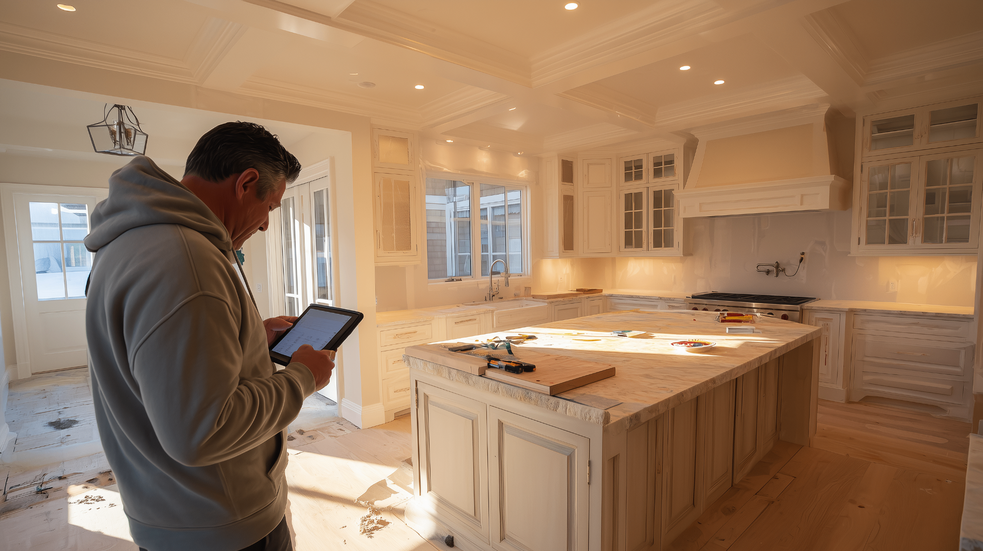 Luxury kitchen remodel under construction with a contractor reviewing details on a tablet