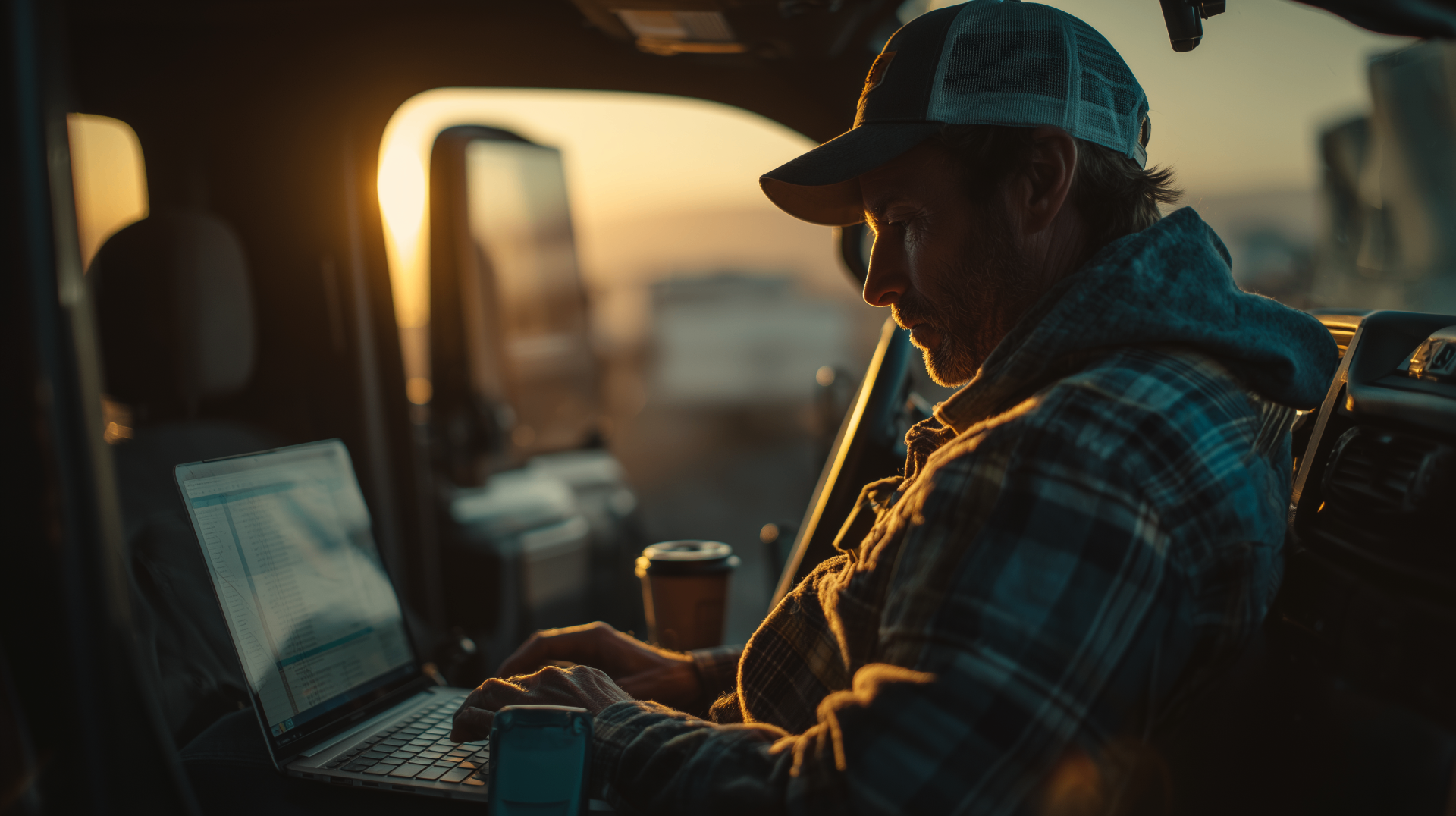 Construction business owner reviewing project information from a laptop inside a work truck